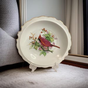 Vintage Red Cardinal Porcelain, Norcrest Fine China Hand Painted Bird.  Bowl/Plate, Trimed in Gold Accents, Song Bird Decorative Bowl