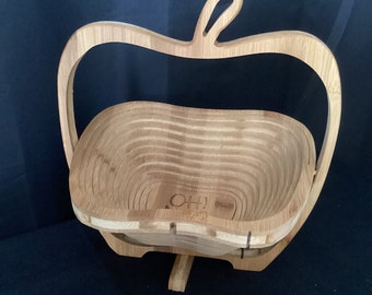 Vintage Apple Shaped Collapsible Foldable Wooden Fruit Bowl Basket