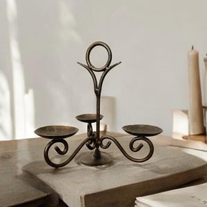 Vintage Metal 3 Arm Tabletop Candlestick Holder, Industrial Scroll Wrought Iron