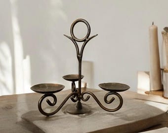Vintage Metal 3 Arm Tabletop Candlestick Holder, Industrial Scroll Wrought Iron