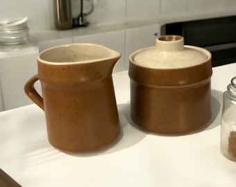 Vintage Sugar and Creamer, Oreida Catalina Veri-Stone Brown, Ceramic Sugar and Creamer Set with Lid