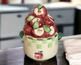 Vintage Ceramic Red Apple Basket Cookie Jar Canister, Farmers Bushel Basket of Apples, Apple Harvest, Farmhouse Decor