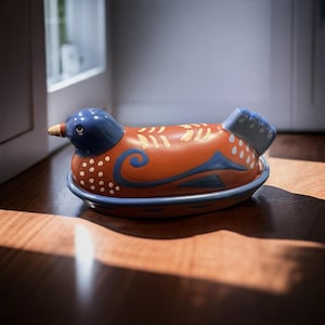May include: A terracotta butter dish shaped like a bird with a blue head, tail, and base. The body features painted cream-colored dots and swirl patterns. The bird has a small pointed beak and sits atop a matching oval-shaped ceramic tray.