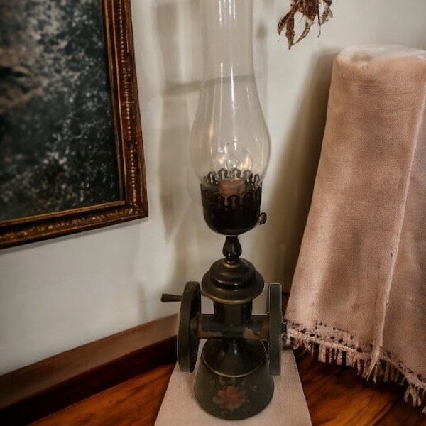 Coffee Grinder Lamp with Glass Chimney Shade, Vintage Reproduction Coffee Grinder