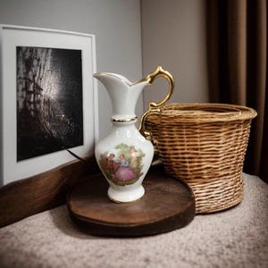 Vintage  Limoge Small Miniature Vase/Jug/Pitcher. Fragonard Love Story.   Floral Vase with Gold Edge, Victorian Vase, Collectible Pitcher