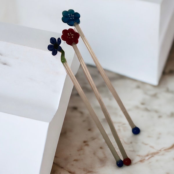 Glass Flower Swizzle Sticks, Barware Stir Sticks, Beverage Stir Sticks, Set of 3