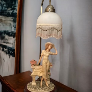 The CROSA Collection Lamp, Vintage Art Deco Lady Lamp, Glass Shade with Beads, Lady in Garden