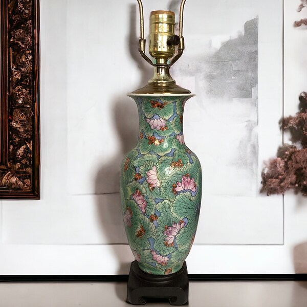 Vintage Asian Green Lotus Flower Vase Lamp, Asian Lotus Motif Porcelain Lamp