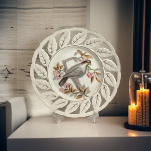 Vintage Porcelain Pierced Cabinet Wall Plate with Bird Pattern Trimed in Gold Leaf Accents, Song Bird Decorative Plate