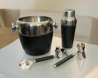 Vintage Insulated Stainless Steel Bar Set, Ice Bucket, Shaker with lid, Combo Shot Glass with handle, Opener, Bottle Spouts, 6 piece Set