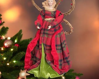 Beautiful Porcelain Forest Angel Tree Topper, Christmas Wreath Wings with Red Berries