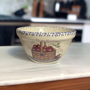 Vintage WICKER PLUS Stoneware Mixing Bowl, Apple Basket, Blue Sponge Ware Designed Edge USA, Farmhouse Decor