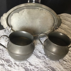 Vintage Sugar Set, Beautifully Aged Vintage Genuine Pewter Sugar, Creamer and Tray Set.