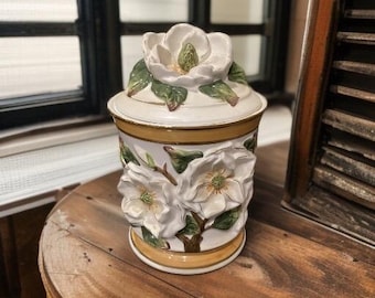 Vintage Ceramic Cookie Jar, Gardenia Cookie Jar, Floral Ceramic Canister, French Country, Farmhouse Decor.