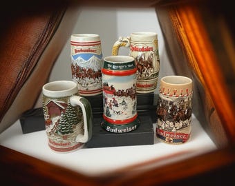 Vintage Budweiser Clydesdale Holiday Steins, Beer Steins, Mugs, Tankards, Christmas Edition, Various Styles and Years, Sold Separately