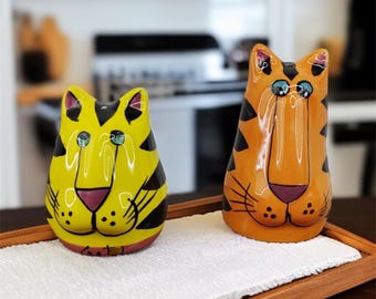 Vintage Catzilla Salt & Pepper Shakers, Art Deco Yellow, Orange Cats, Candace Reiter 2000 Design, Original Box