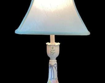 Vintage Porcelain Lamp, Hand Painted Victorian Floral Lamp with Oval Wood Base, Two Available.