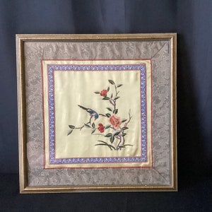 Vintage Silk Embroidery Bird Flowers Brocade Border Framed Art, Bird on Silk, Gold Tone Frame, Vintage Crewel