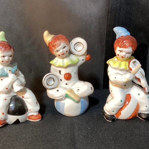 Vintage Clown Musicians on Striped Balls, Set of 3 Figurines, Ceramic Clowns