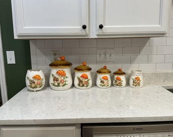 Vintage Merry Mushroom Ceramic Canisters, Cookie Jar, Vase,  1978’s Style Toadstool, Shrooms Kitchen Theme Essentials, Sold Separately