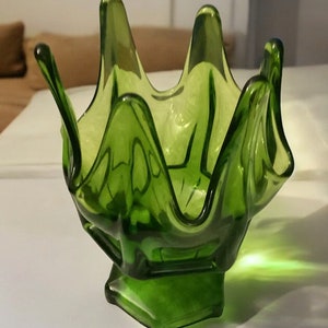 Vintage Viking Green Swung Glass Vase Avocado Art Glass Pedestal Finger Vase Bowl Candy Dish