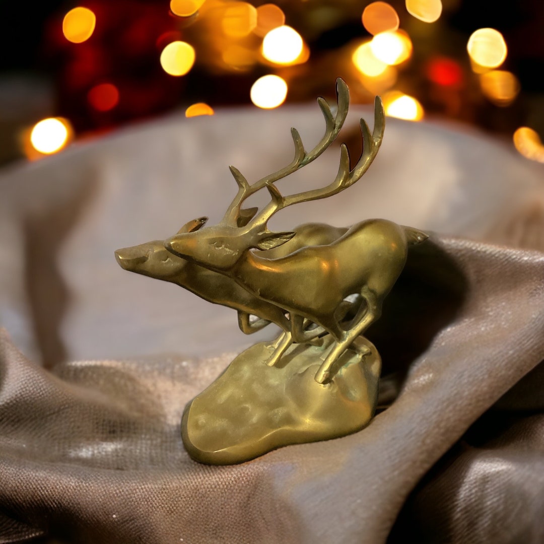 Vintage Deer Statue Solid Brass Running Doe & Stag Figurine Etsy