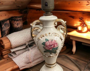Vintage 1940 Victorian Petite Porcelain Floral Rose Gold Trim MCM Accent Lamp, Night Light, Small Lamp, Non Working