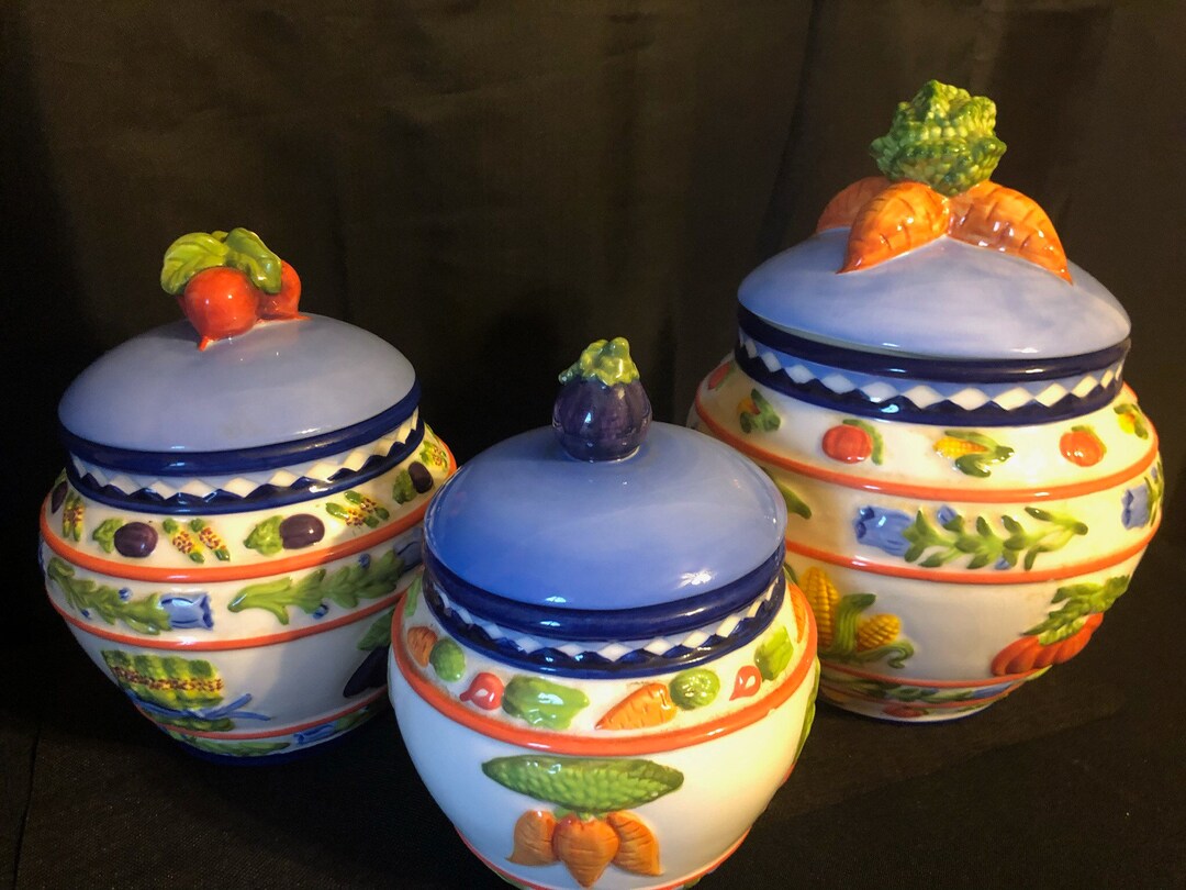 Vintage ZRIKE Canister Set, Cornucopia Hand Painted Vegetable Design