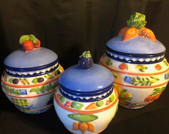 Vintage ZRIKE Canister Set, Cornucopia Hand Painted Vegetable Design.