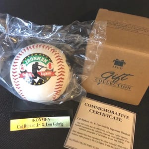 Cal Ripken JR. #4 & Lou Gehrig  #8 Ironmen Photo Signature Ball with Stand, Autographed Baseball