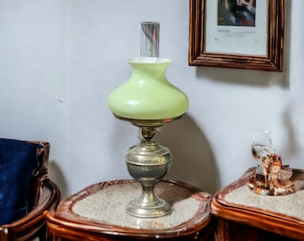 Vintage Electric Converted Kerosene Hurricane Lamp, Green Shade, Milk Glass Lamp, Clear Glass Chimney , Accent Lamp