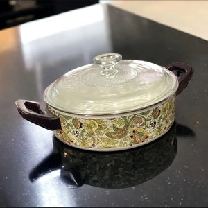 Vintage MCM 70s Fancipans Avocado Green Paisley Porcelain Enamel Casserole Pan Pot FRANCE