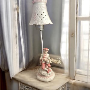 Vintage Porcelain Lamp Victorian Colonial Male Figurine Table Lamp Pink and White with Porcelain Shade