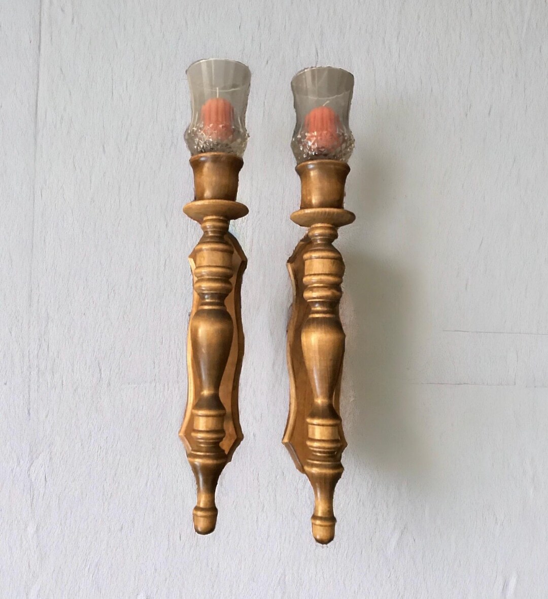 Vintage Turned Wood Spindle Type Candle Holder Sconces, Set of 2 ...