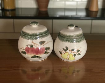 Vintage Ceramic Green Sponge Splatterware Fruit Motif Canisters, Farmhouse Storage, Pantry Containers. Set of 2