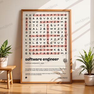 Może przedstawiać: Oprawiony wydruk z drewnianą ramą przedstawia łamigłówkę z wyszukiwaniem słów ze słowami "software engineer" na dole. Wydruk znajduje się w pokoju z roślinami i drewnianym stolikiem bocznym.
