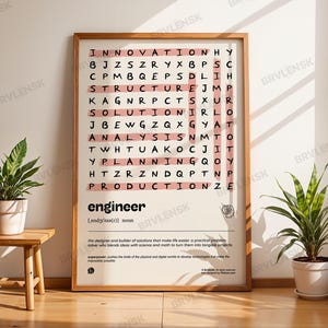 Puede incluir: Una impresión enmarcada con un juego de búsqueda de palabras con la palabra "ingeniero". El rompecabezas tiene palabras como "innovación" y "estructura" resaltadas en rosa. La impresión también incluye la definición de un ingeniero.