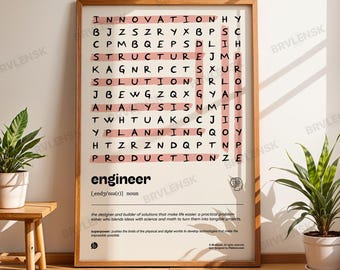 May include: A framed print with a word search puzzle featuring the word "engineer" in bold letters. The puzzle has words like "innovation" and "structure" highlighted in pink. The print also includes the definition of an engineer.