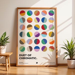 Sztuka ścienna Bauhaus, wydruk teorii koloru, koło geometryczne, styl Mid Century Modern, duet chromatyczny