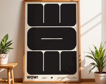 May include: A framed art print with a minimalist design. The artwork features large black shapes with white lines on a cream background. The print is in a wooden frame and leans against a white wall. The word "WOW!" is printed at the bottom.