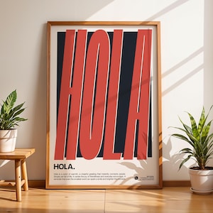 Hola-definitieprint, Spaans welkomstbord, kunst aan de muur in de hal, retro typografieposter, rood decor