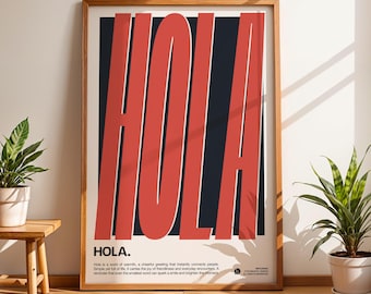 Hola Definition Druck, Spanisches Willkommensschild, Eingangsbereich Wandkunst, Retro Typografie Poster, Rotes Dekor