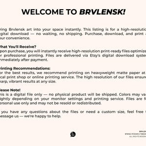 May include: A digital download product listing with the text "WELCOME TO BRVLENSK!" and information about the digital art, including printing recommendations and usage notes. The text is in black on a cream background.