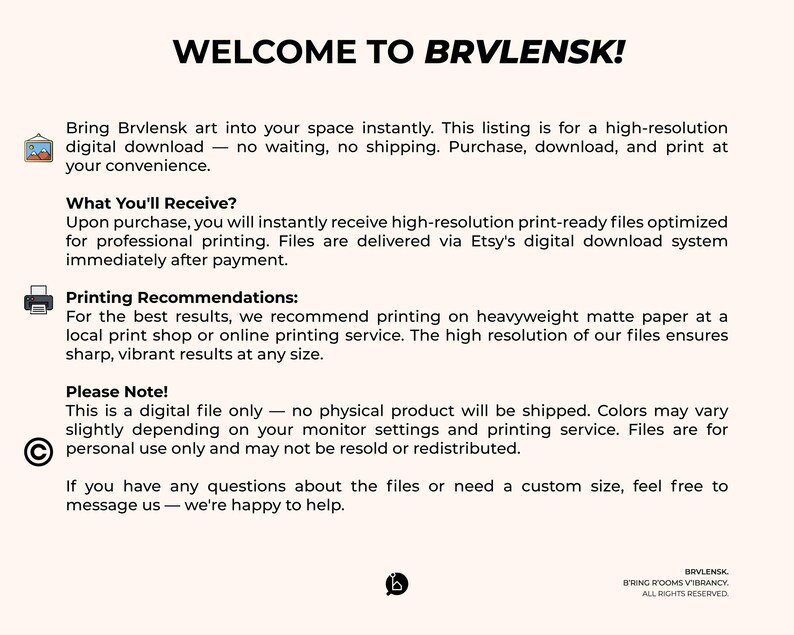 May include: A digital download product listing with the text "WELCOME TO BRVLENSK!" and information about the digital art, including printing recommendations and usage notes. The text is in black on a cream background.