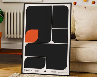 Bauhaus Black Wall Art, Abstract Geometric Shapes, Japandi Poster, Minimalist Orange Print, Digital Download