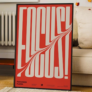 Fokusväggkonst, rött retrotryck, psykedelisk typografi, vågig dekor, direktnedladdning för kontorsaffisch