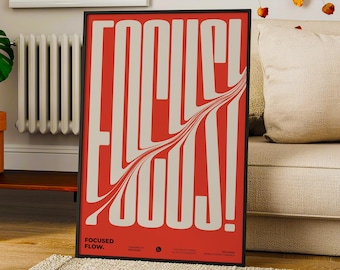 Focus Wall Art, Red Retro Print, Psychedelic Typography, Wavy Decor, Instant Download Office Poster