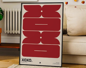XOXO Wall Art Print, Red Cream Typography Poster, Mid Century Modern, Instant Digital Download