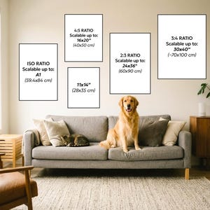 K&ouml;nnte beinhalten: Ein Wohnzimmer mit grauem Sofa, Kissen, einem Golden Retriever und einer Katze. &Uuml;ber dem Sofa gerahmte Kunstdrucke mit Gr&ouml;&szlig;enverh&auml;ltnissen: 4:5, 2:3, 3:4, ISO und 28x35 cm.