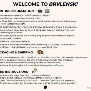 K&ouml;nnte beinhalten: Cremefarbener Poster mit schwarzem Text, einschlie&szlig;lich "WELCOME TO BRVLENSK!" und detaillierten Druck-, Verpackungs- und Pflegehinweisen. Der Rahmen besteht aus langlebigem Kiefernholz, 20-25 mm dick und 10-14 mm breit.
